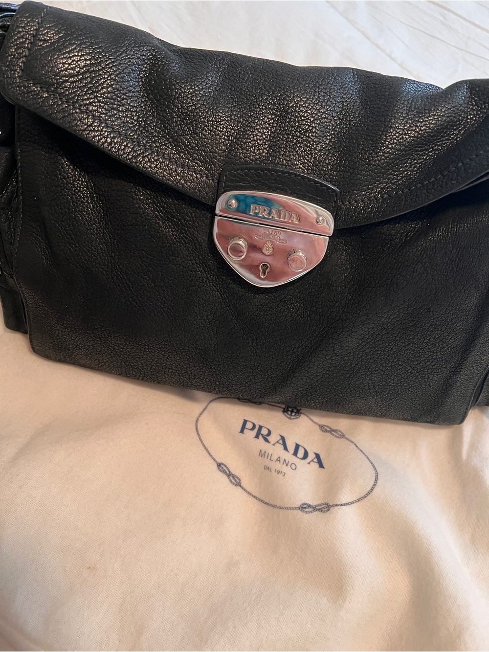 Prada Black Leather Shoulder Bag with Silver Hardware “Antic Easy A”